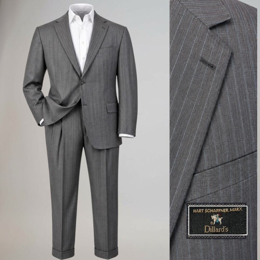 Hart Schaffner Marx Suit 46R 39x29 Gray with Ice Blue Stripe Note